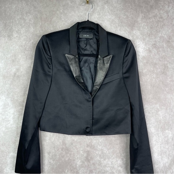 AMIRI Black Crop Satin Silk Leather Tuxedo Blazer In Black Women's Size 40 US S - Picture 4 of 9